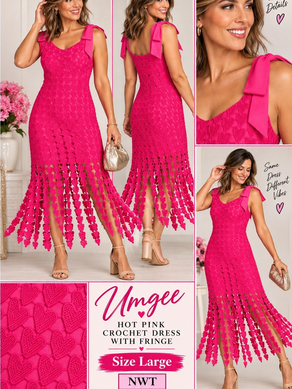 Umgee Hot Pink Crochet Fringe Midi Dress